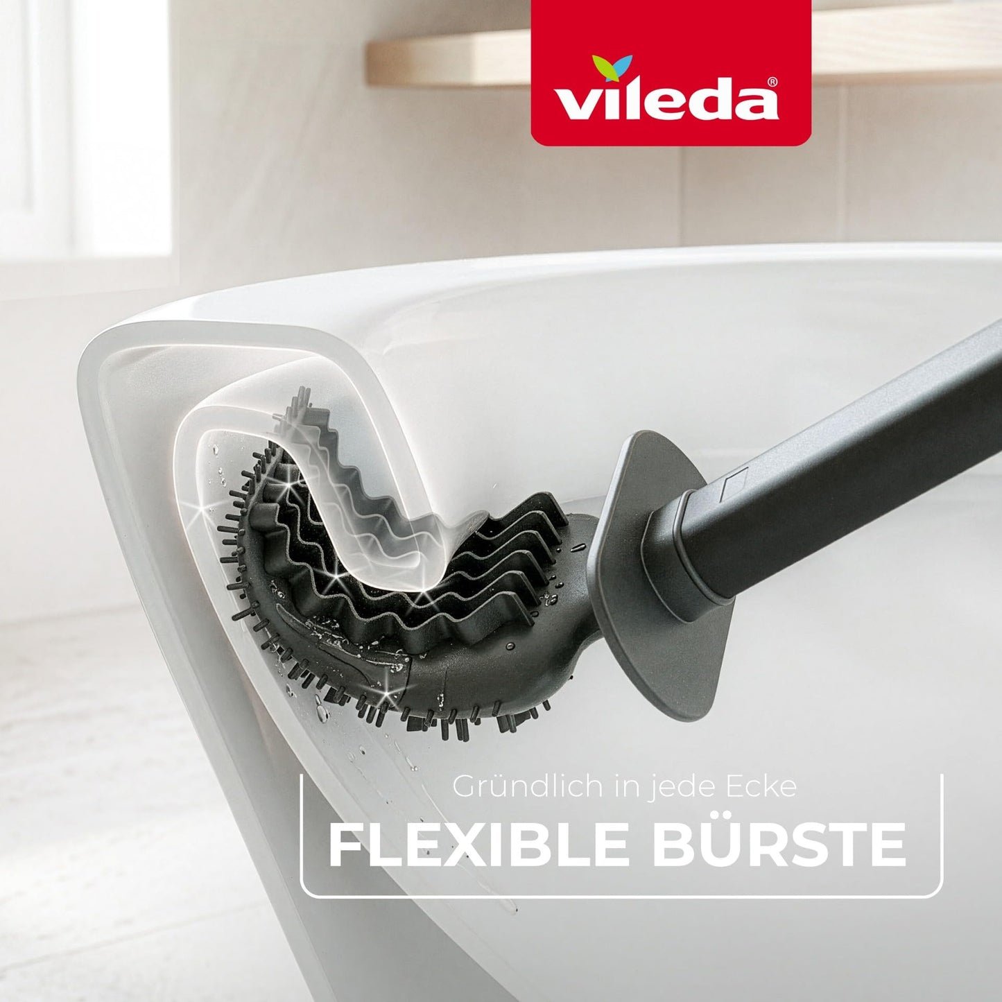 Vileda Silikon Toilettenbürste mit Flexkopf und Edelstahlgriff - WC Bürste mit 2-in-1 Reinigungszonen - Hygienisch geruchsgeschützt rostfrei schnell trocknend langlebig und sofort einsatzbereit