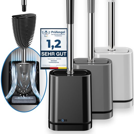 BROSS® Klobürste Silikon - Patentierte Toilettenbürste - Klobürste Schwarz - WC Bürste & Klobürstenhalter mit Wandmontage & TurboTrocknung - Innovativ & Antibakteriell - 1er Set